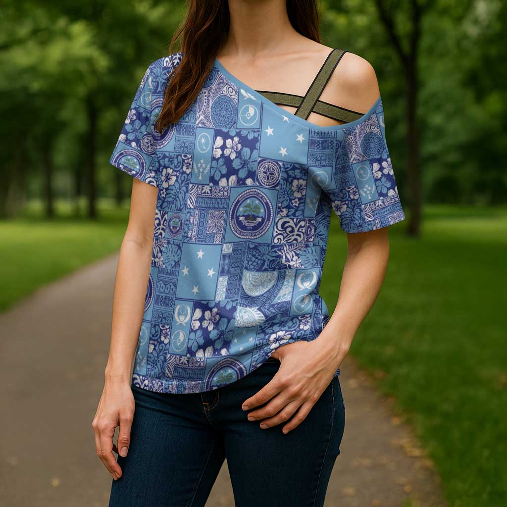 Federated States of Micronesia Merry Christmas Cross Shoulder Shirt Pacific Patchwork Xmas Vibes - Polynesian Pride