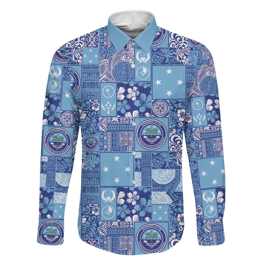 Federated States of Micronesia Merry Christmas Family Matching Long Sleeve Bodycon Dress and Hawaiian Shirt Pacific Patchwork Xmas Vibes LT9 Dad's Shirt - Long Sleeve Blue - Polynesian Pride