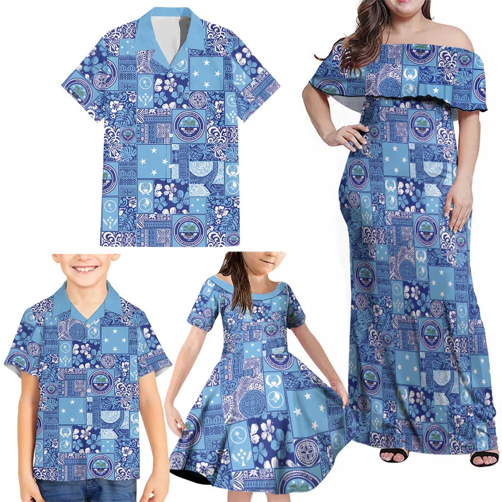 Federated States of Micronesia Merry Christmas Family Matching Off Shoulder Maxi Dress and Hawaiian Shirt Pacific Patchwork Xmas Vibes - Polynesian Pride