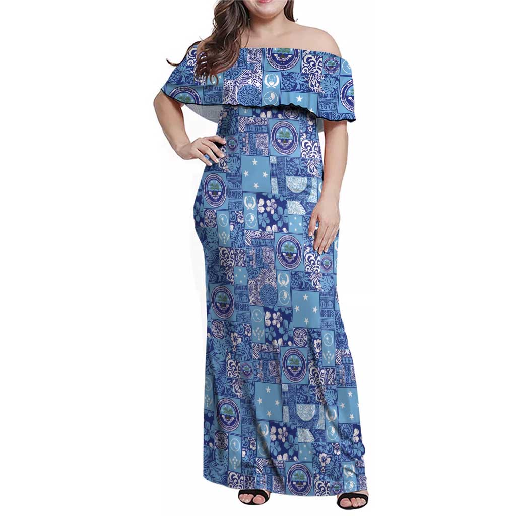 Federated States of Micronesia Merry Christmas Family Matching Off Shoulder Maxi Dress and Hawaiian Shirt Pacific Patchwork Xmas Vibes LT9 Mom's Dress Blue - Polynesian Pride