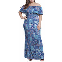 Federated States of Micronesia Merry Christmas Family Matching Off Shoulder Maxi Dress and Hawaiian Shirt Pacific Patchwork Xmas Vibes LT9 Mom's Dress Blue - Polynesian Pride