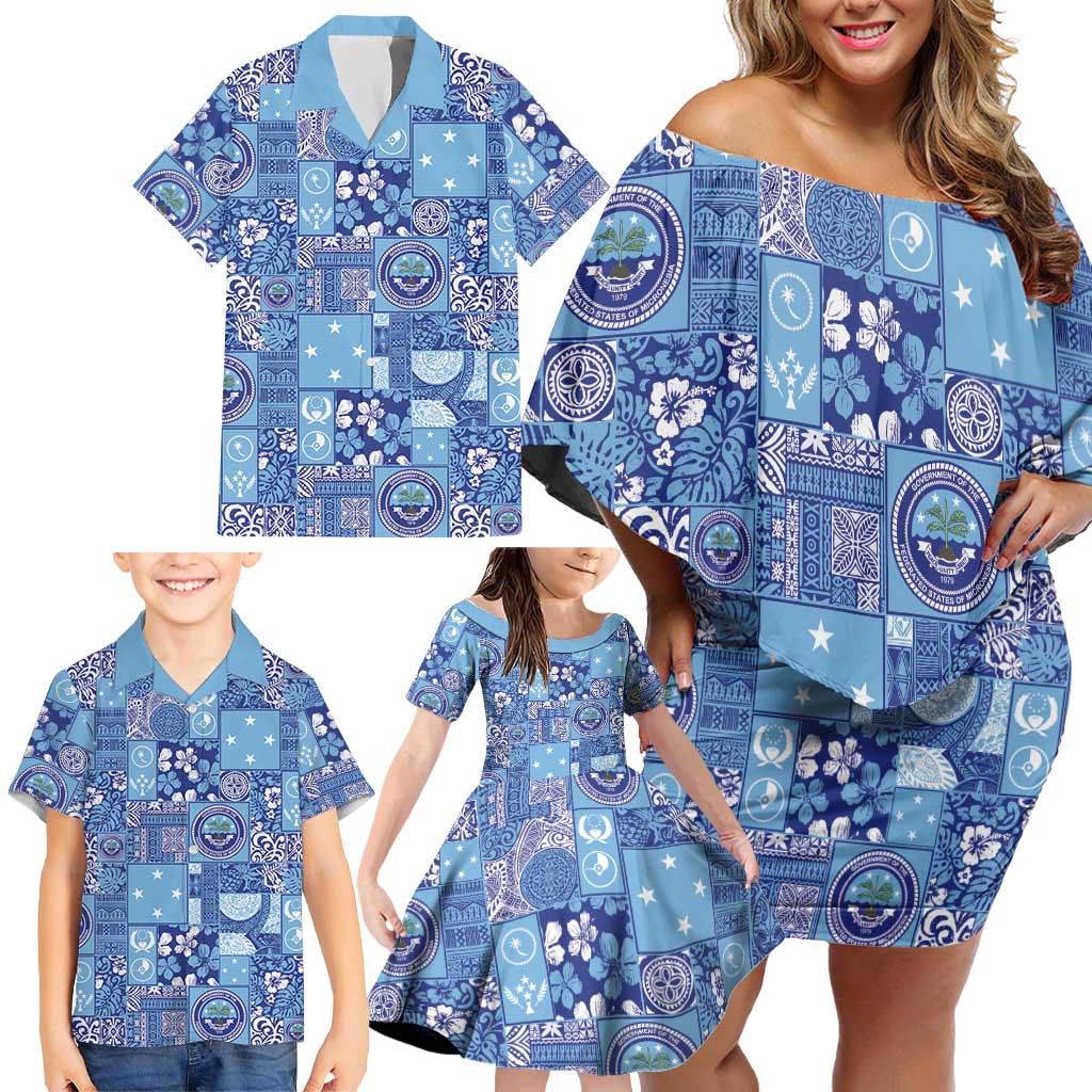 Federated States of Micronesia Merry Christmas Family Matching Off Shoulder Short Dress and Hawaiian Shirt Pacific Patchwork Xmas Vibes - Polynesian Pride