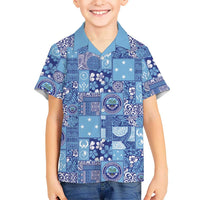 Federated States of Micronesia Merry Christmas Family Matching Off Shoulder Short Dress and Hawaiian Shirt Pacific Patchwork Xmas Vibes LT9 Son's Shirt Blue - Polynesian Pride