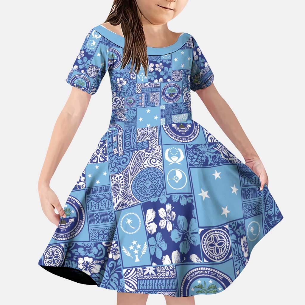 Federated States of Micronesia Merry Christmas Family Matching Short Sleeve Bodycon Dress and Hawaiian Shirt Pacific Patchwork Xmas Vibes LT9 Daughter's Dress Blue - Polynesian Pride