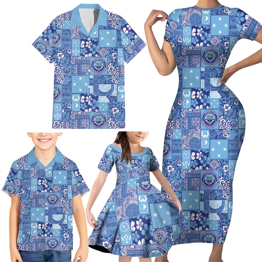 Federated States of Micronesia Merry Christmas Family Matching Short Sleeve Bodycon Dress and Hawaiian Shirt Pacific Patchwork Xmas Vibes - Polynesian Pride