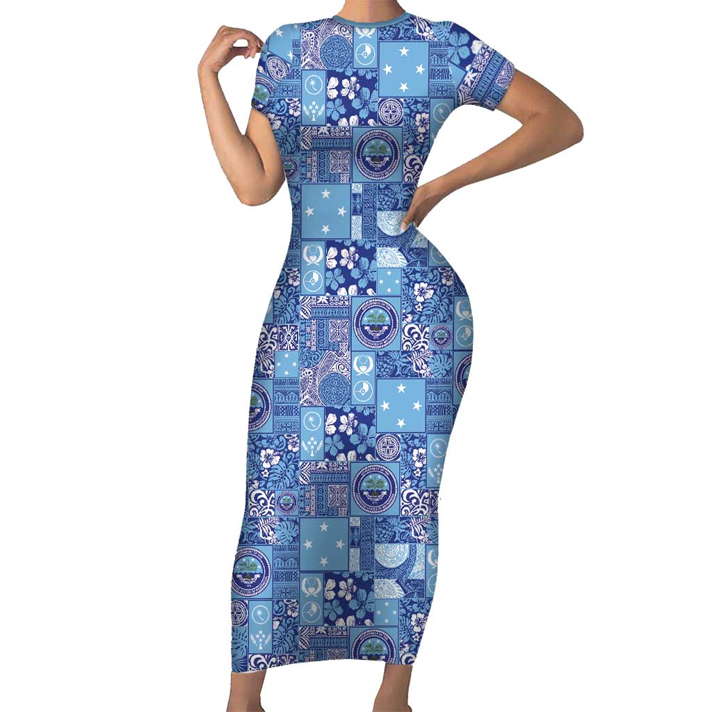 Federated States of Micronesia Merry Christmas Family Matching Short Sleeve Bodycon Dress and Hawaiian Shirt Pacific Patchwork Xmas Vibes LT9 Mom's Dress Blue - Polynesian Pride