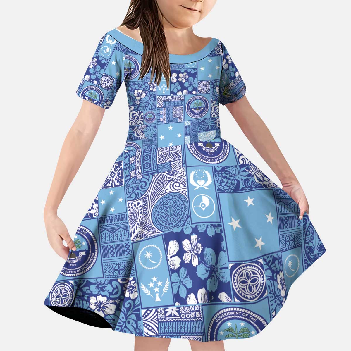 Federated States of Micronesia Merry Christmas Kid Short Sleeve Dress Pacific Patchwork Xmas Vibes - Polynesian Pride