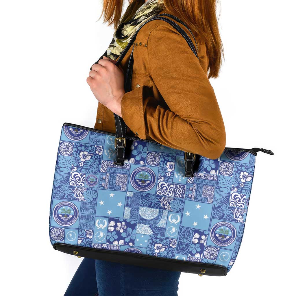 Federated States of Micronesia Merry Christmas Leather Tote Bag Pacific Patchwork Xmas Vibes - Polynesian Pride