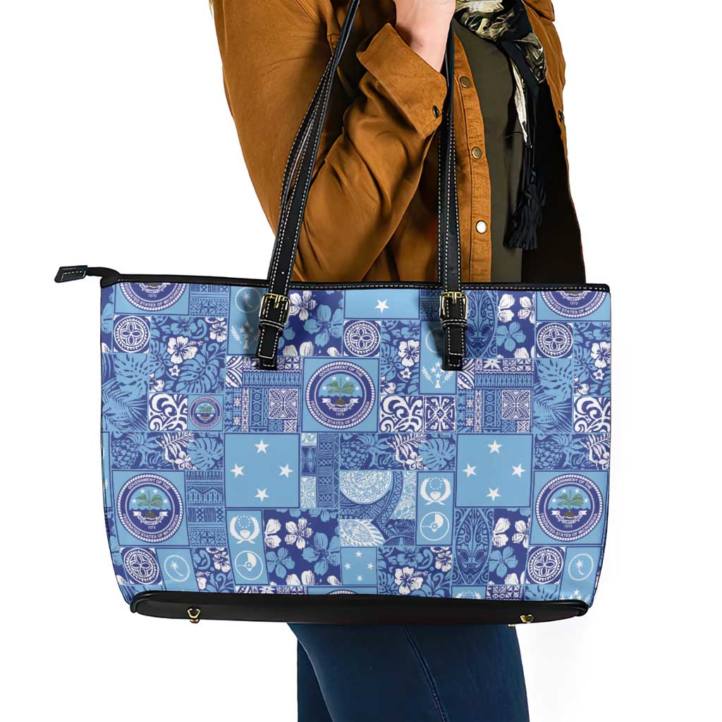 Federated States of Micronesia Merry Christmas Leather Tote Bag Pacific Patchwork Xmas Vibes - Polynesian Pride