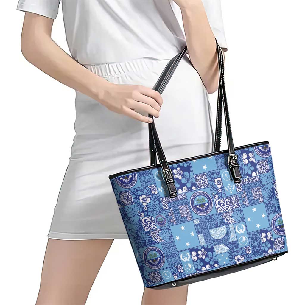 Federated States of Micronesia Merry Christmas Leather Tote Bag Pacific Patchwork Xmas Vibes - Polynesian Pride