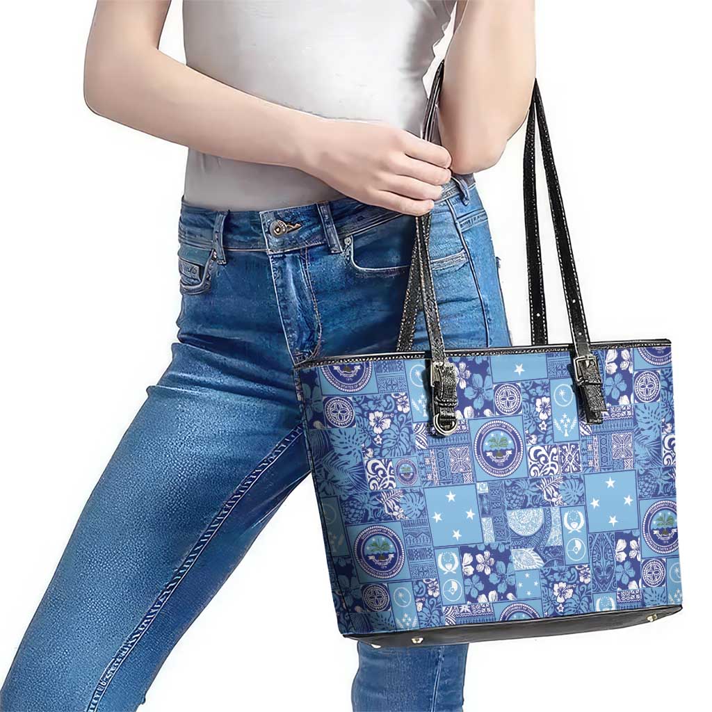 Federated States of Micronesia Merry Christmas Leather Tote Bag Pacific Patchwork Xmas Vibes - Polynesian Pride