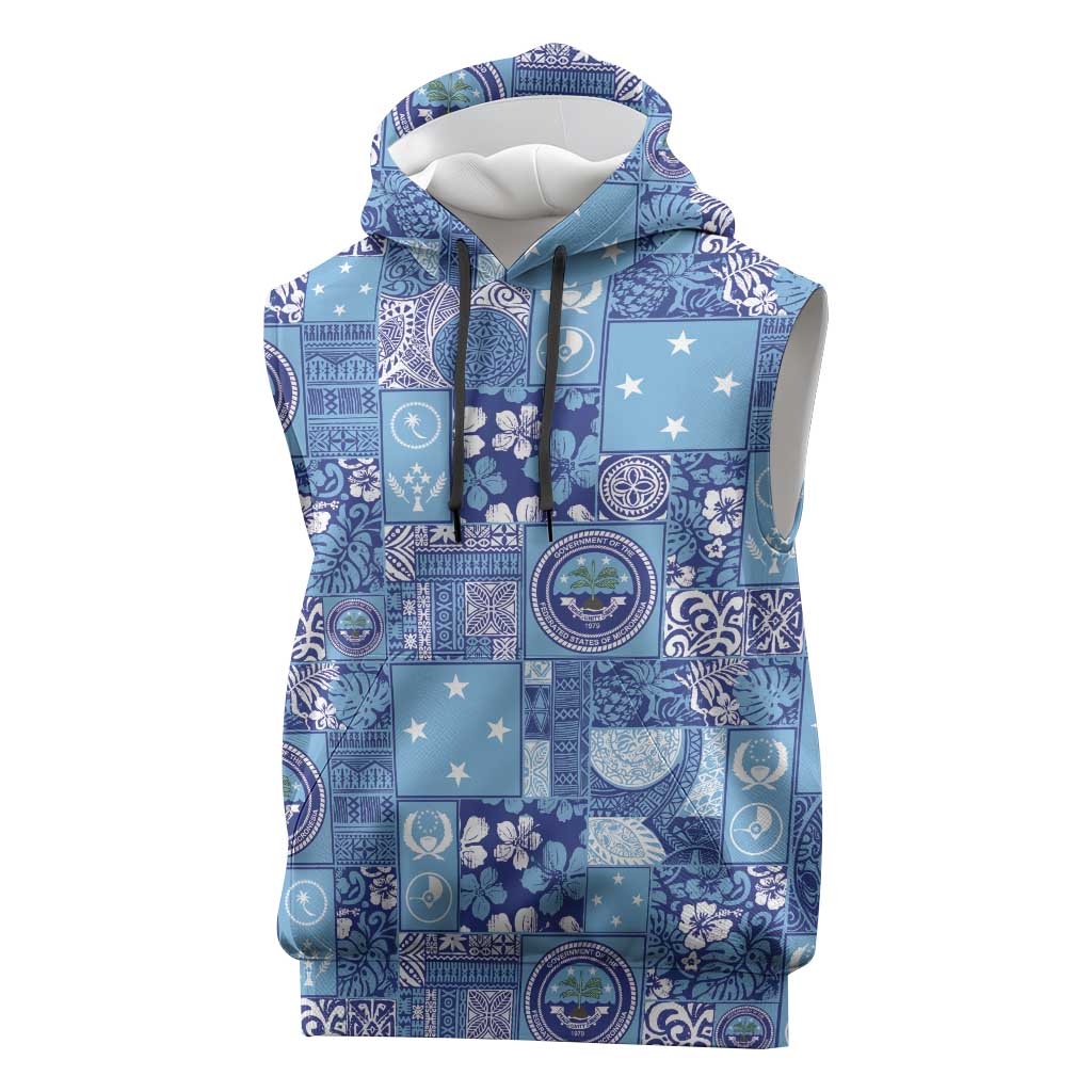 Federated States of Micronesia Merry Christmas Sleeveless Hoodie Pacific Patchwork Xmas Vibes LT9 Blue - Polynesian Pride