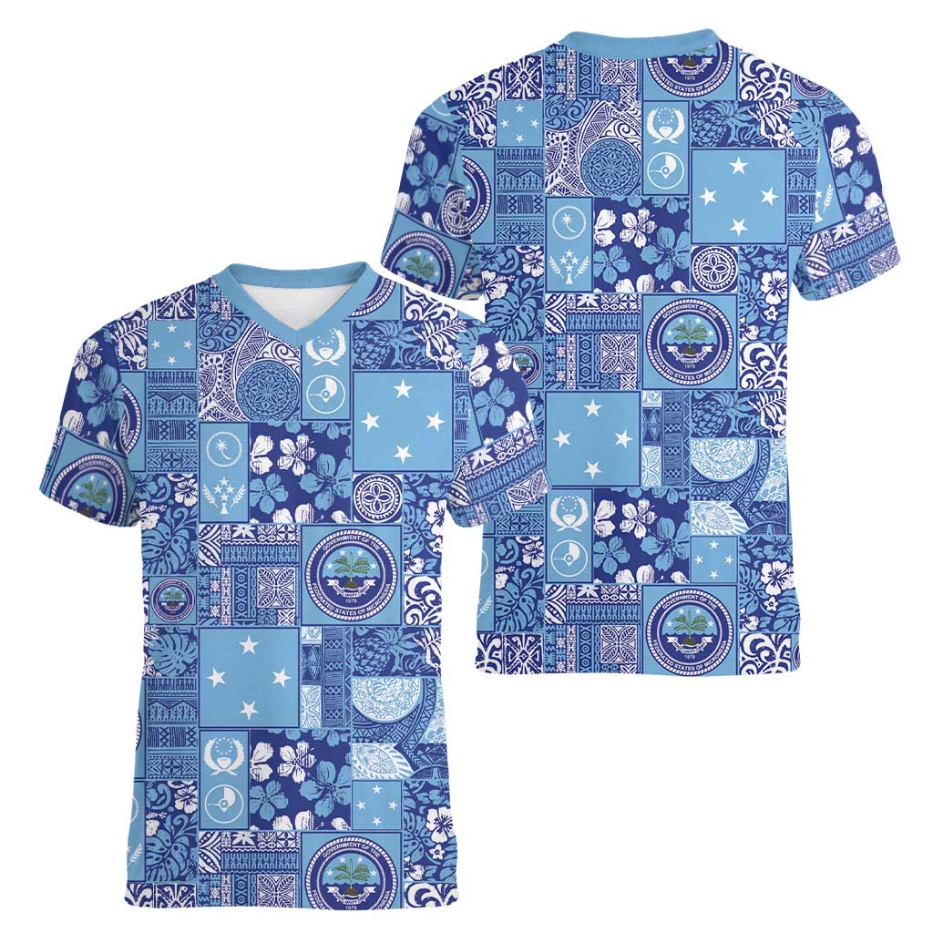 Federated States of Micronesia Merry Christmas Women V-Neck T-Shirt Pacific Patchwork Xmas Vibes - Polynesian Pride