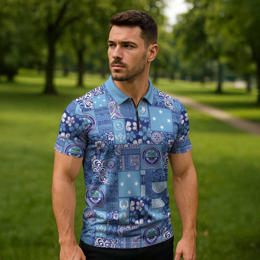 Federated States of Micronesia Merry Christmas Zipper Polo Shirt Pacific Patchwork Xmas Vibes - Polynesian Pride