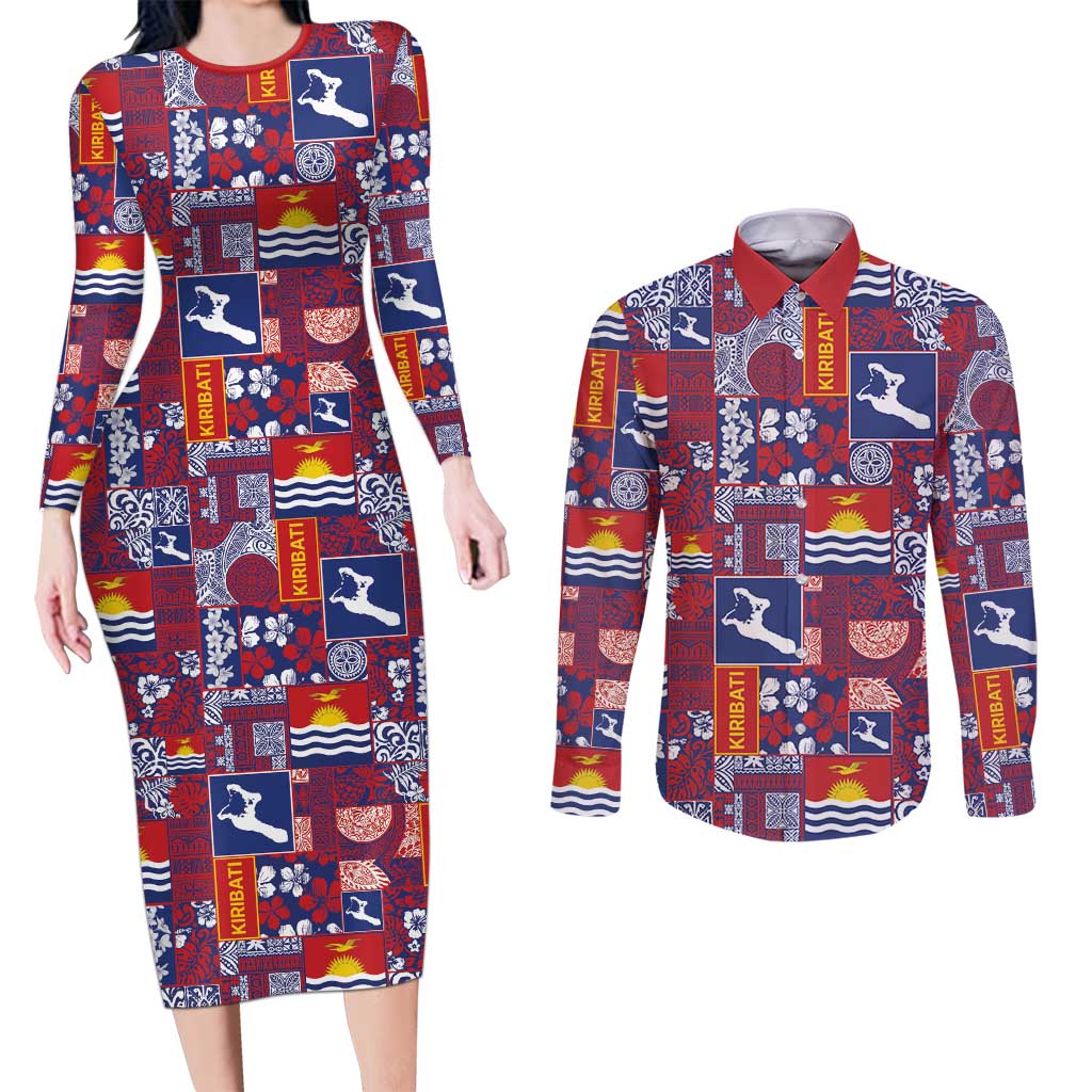 Kiribati Tekeraoi n te Kiritimati Couples Matching Long Sleeve Bodycon Dress and Long Sleeve Button Shirt Pacific Patchwork Xmas Vibes LT9 Red - Polynesian Pride