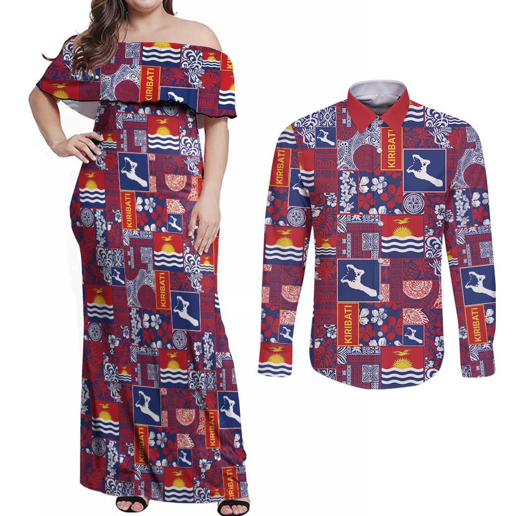 Kiribati Tekeraoi n te Kiritimati Couples Matching Off Shoulder Maxi Dress and Long Sleeve Button Shirt Pacific Patchwork Xmas Vibes LT9 Red - Polynesian Pride