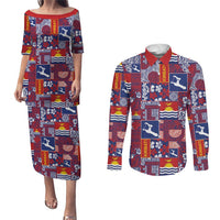 Kiribati Tekeraoi n te Kiritimati Couples Matching Puletasi and Long Sleeve Button Shirt Pacific Patchwork Xmas Vibes - Polynesian Pride