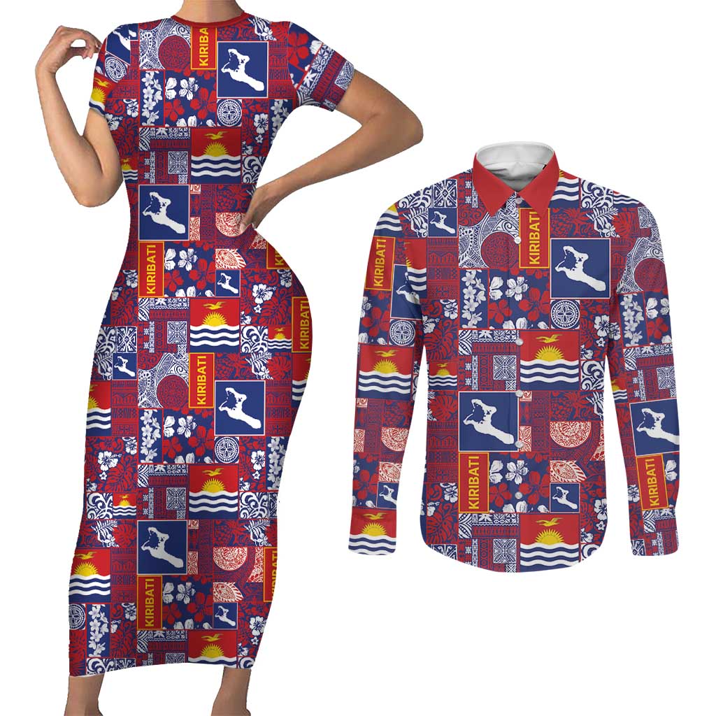 Kiribati Tekeraoi n te Kiritimati Couples Matching Short Sleeve Bodycon Dress and Long Sleeve Button Shirt Pacific Patchwork Xmas Vibes - Polynesian Pride