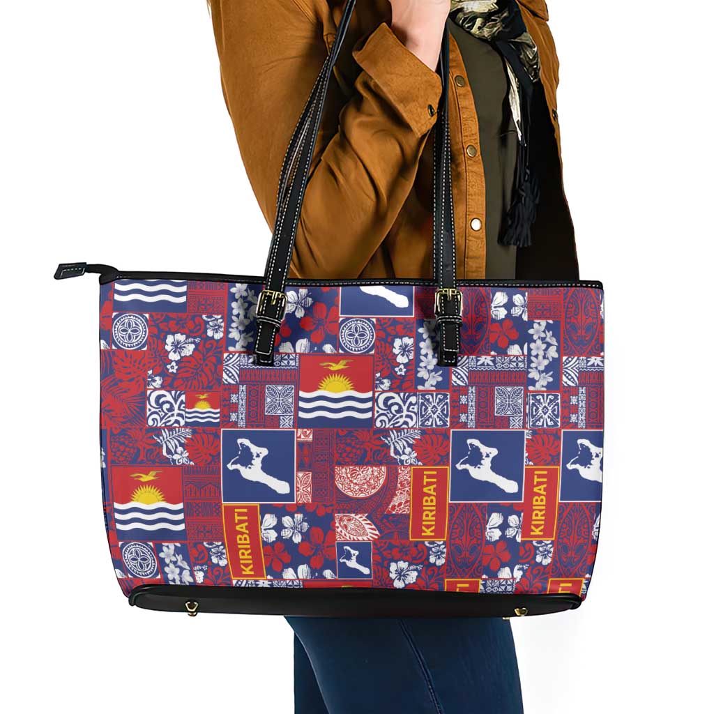 Kiribati Tekeraoi n te Kiritimati Leather Tote Bag Pacific Patchwork Xmas Vibes - Polynesian Pride