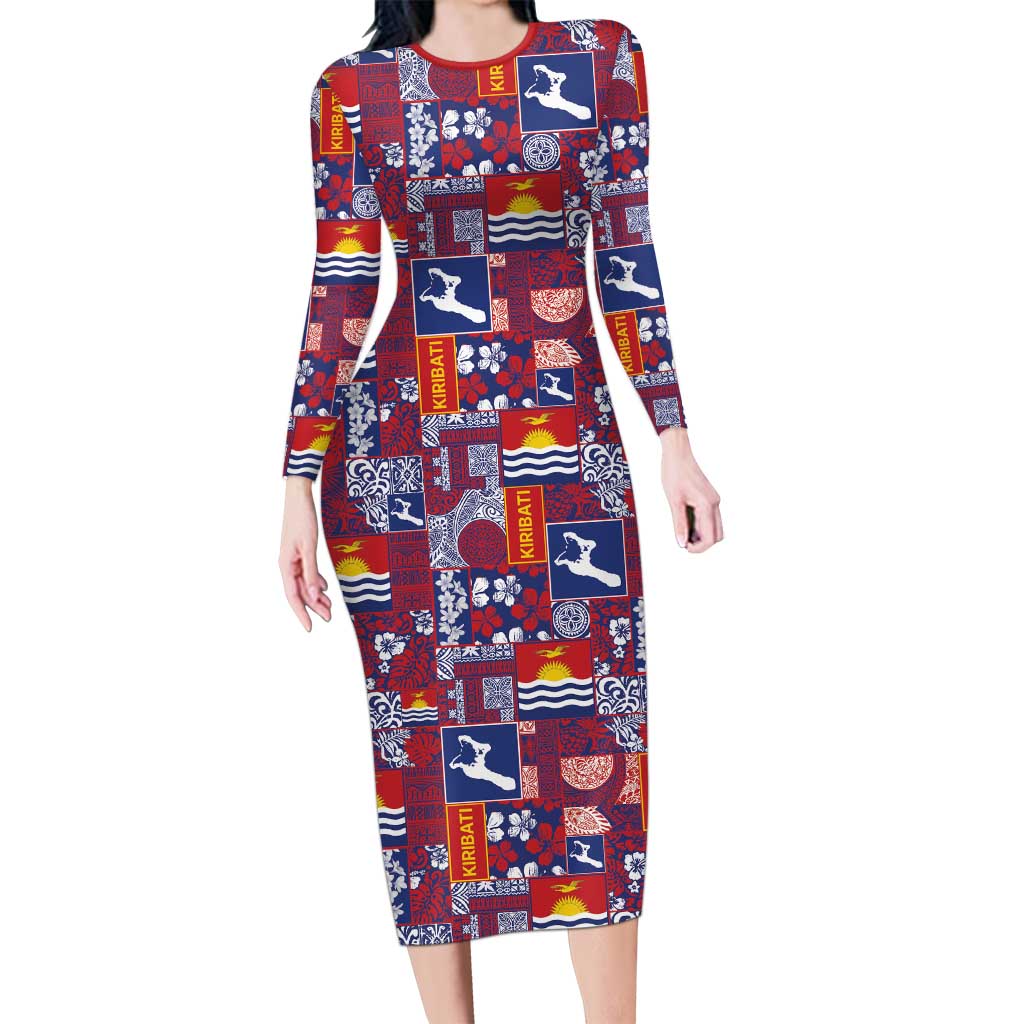 Kiribati Tekeraoi n te Kiritimati Long Sleeve Bodycon Dress Pacific Patchwork Xmas Vibes LT9 Long Dress Red - Polynesian Pride