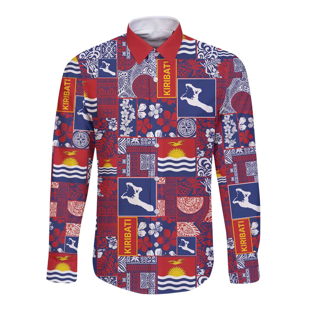 Kiribati Tekeraoi n te Kiritimati Long Sleeve Button Shirt Pacific Patchwork Xmas Vibes LT9 Unisex Red - Polynesian Pride