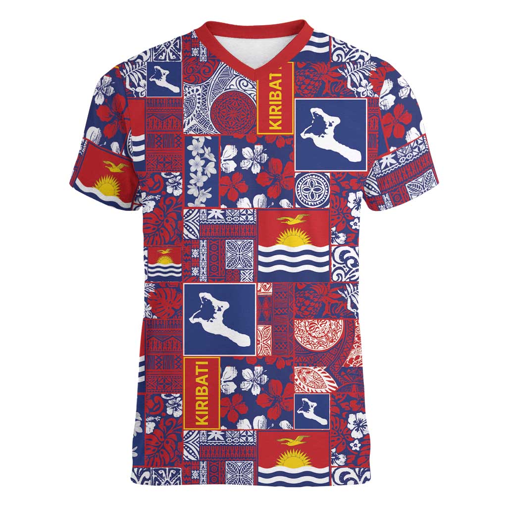 Kiribati Tekeraoi n te Kiritimati Women V-Neck T-Shirt Pacific Patchwork Xmas Vibes - Polynesian Pride