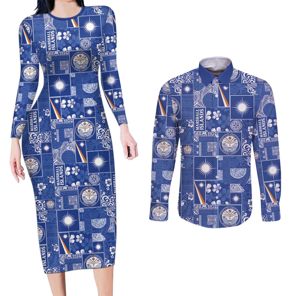 Marshall Islands Merry Christmas Couples Matching Long Sleeve Bodycon Dress and Long Sleeve Button Shirt Pacific Patchwork Xmas Vibes - Polynesian Pride