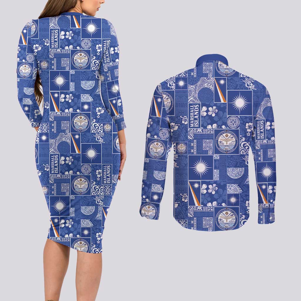 Marshall Islands Merry Christmas Couples Matching Long Sleeve Bodycon Dress and Long Sleeve Button Shirt Pacific Patchwork Xmas Vibes - Polynesian Pride