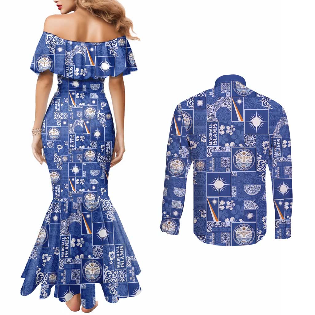 Marshall Islands Merry Christmas Couples Matching Mermaid Dress and Long Sleeve Button Shirt Pacific Patchwork Xmas Vibes - Polynesian Pride