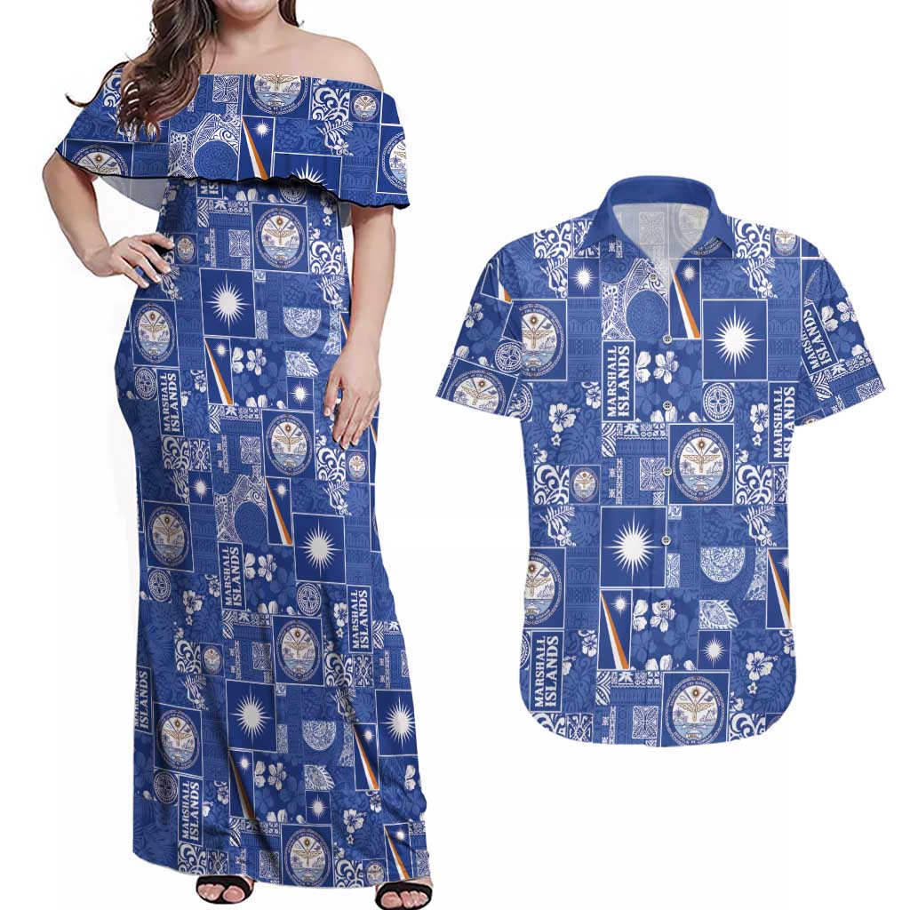Marshall Islands Merry Christmas Couples Matching Off Shoulder Maxi Dress and Hawaiian Shirt Pacific Patchwork Xmas Vibes - Polynesian Pride