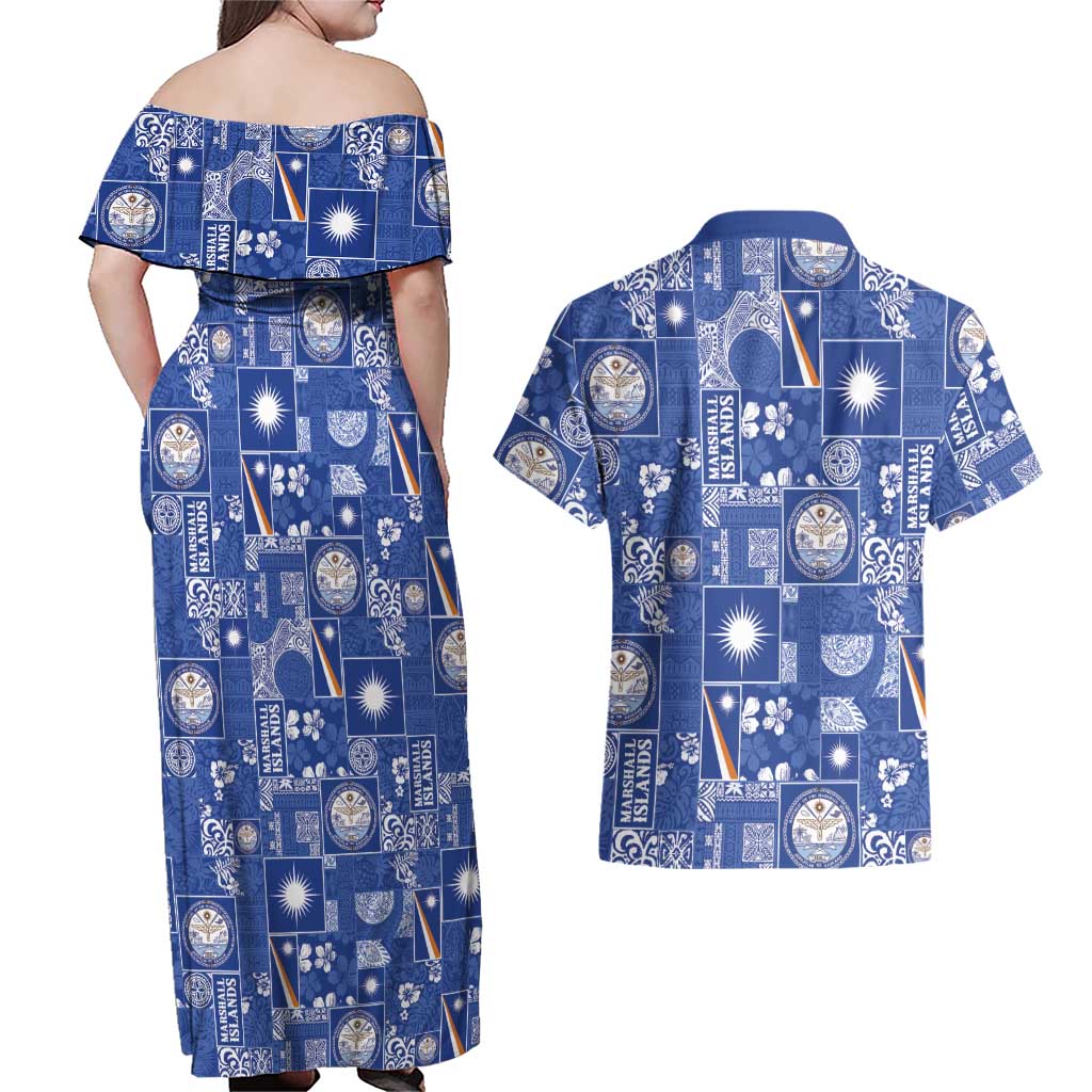 Marshall Islands Merry Christmas Couples Matching Off Shoulder Maxi Dress and Hawaiian Shirt Pacific Patchwork Xmas Vibes - Polynesian Pride