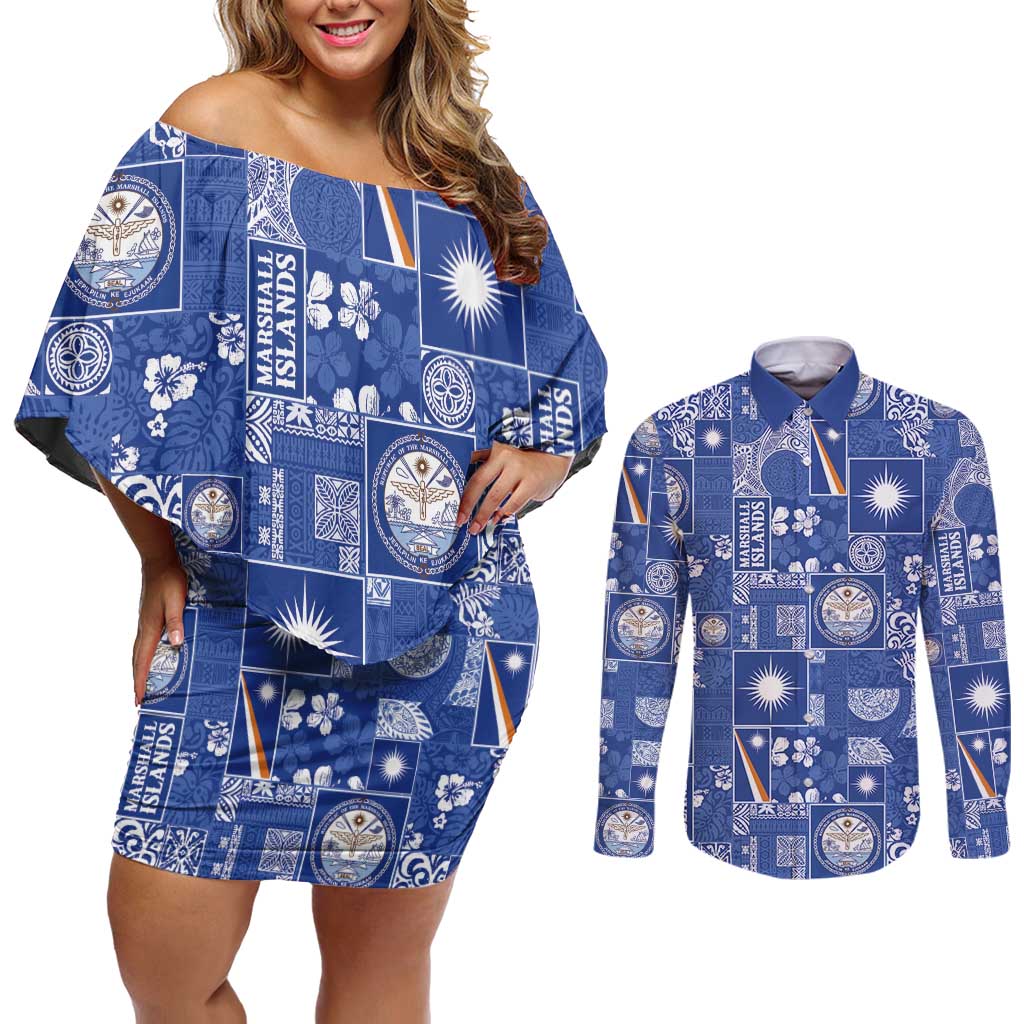 Marshall Islands Merry Christmas Couples Matching Off Shoulder Short Dress and Long Sleeve Button Shirt Pacific Patchwork Xmas Vibes - Polynesian Pride
