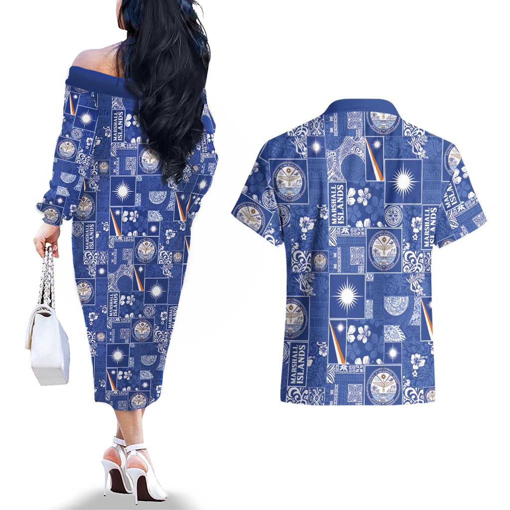 Marshall Islands Merry Christmas Couples Matching Off The Shoulder Long Sleeve Dress and Hawaiian Shirt Pacific Patchwork Xmas Vibes - Polynesian Pride