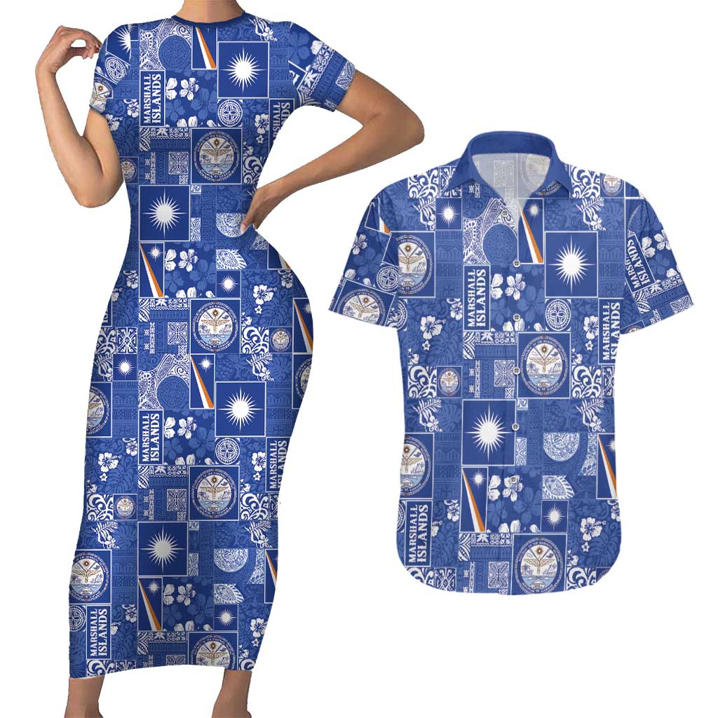 Marshall Islands Merry Christmas Couples Matching Short Sleeve Bodycon Dress and Hawaiian Shirt Pacific Patchwork Xmas Vibes - Polynesian Pride