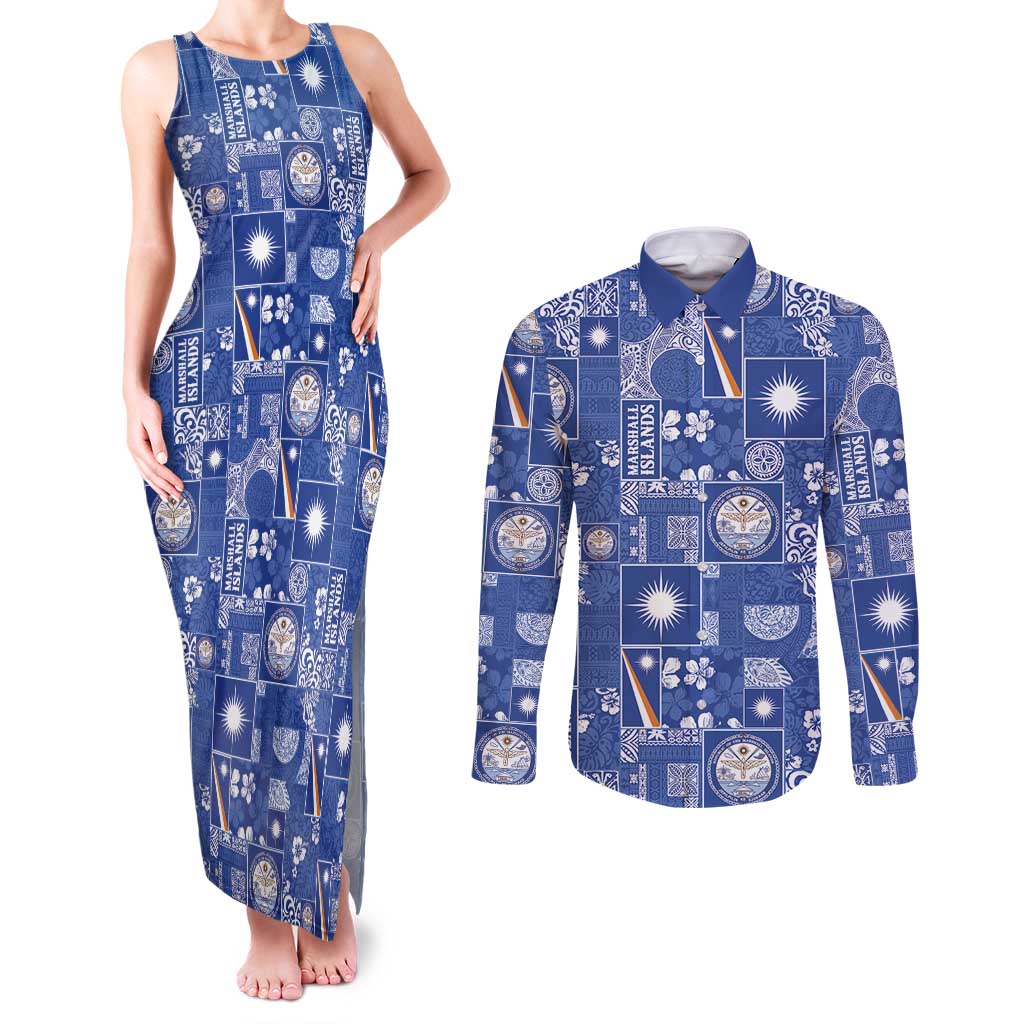 Marshall Islands Merry Christmas Couples Matching Tank Maxi Dress and Long Sleeve Button Shirt Pacific Patchwork Xmas Vibes - Polynesian Pride