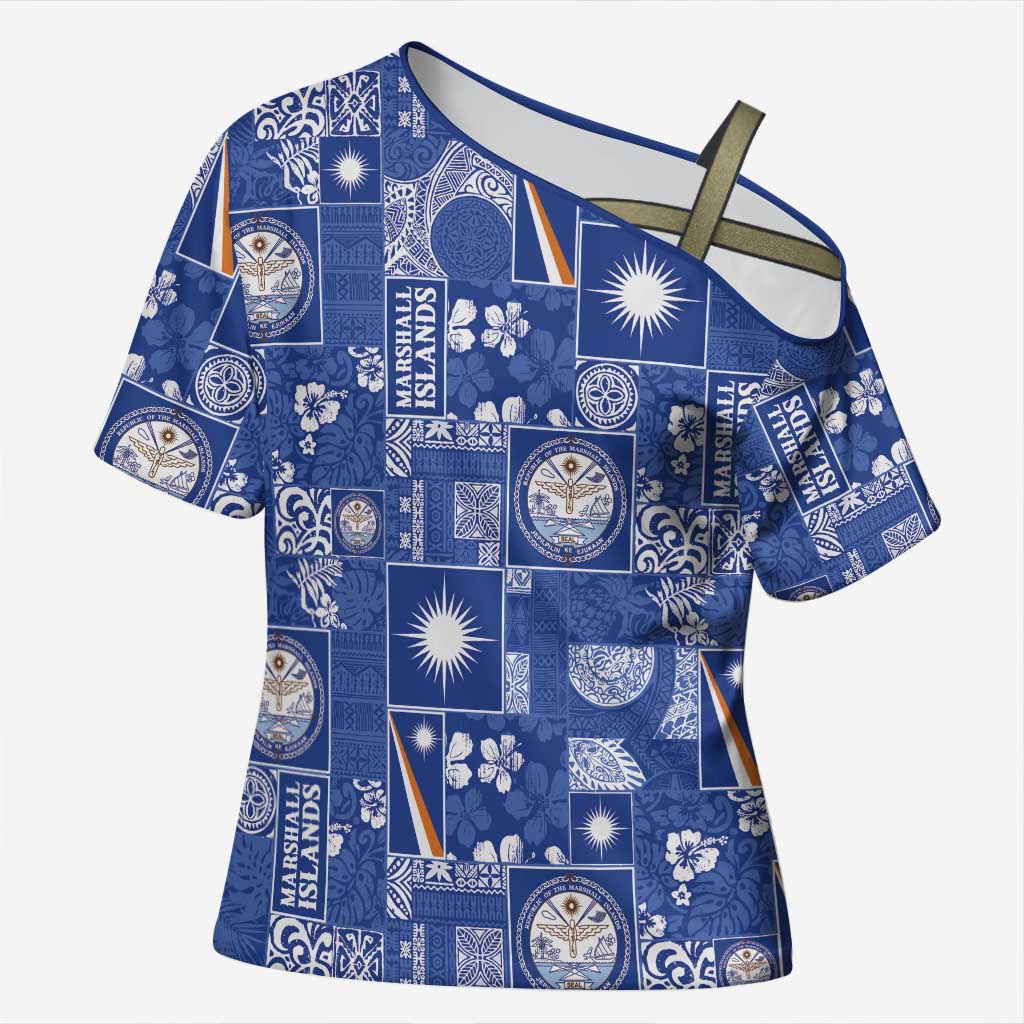 Marshall Islands Merry Christmas Cross Shoulder Shirt Pacific Patchwork Xmas Vibes - Polynesian Pride