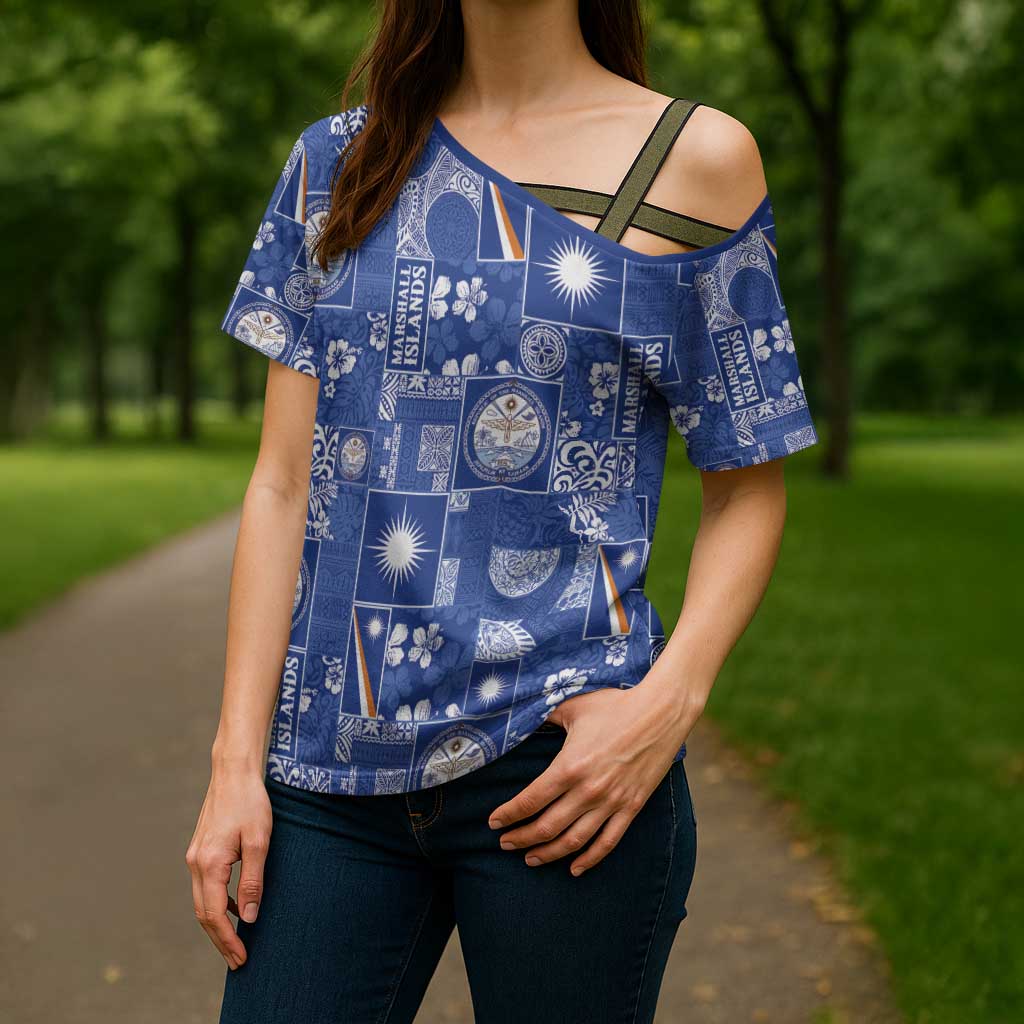 Marshall Islands Merry Christmas Cross Shoulder Shirt Pacific Patchwork Xmas Vibes - Polynesian Pride