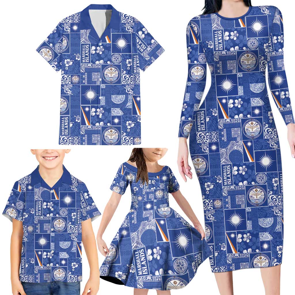 Marshall Islands Merry Christmas Family Matching Long Sleeve Bodycon Dress and Hawaiian Shirt Pacific Patchwork Xmas Vibes - Polynesian Pride