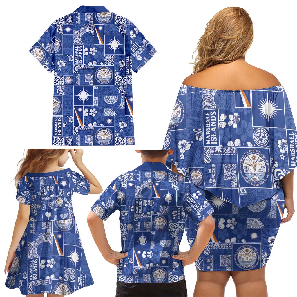 Marshall Islands Merry Christmas Family Matching Off Shoulder Short Dress and Hawaiian Shirt Pacific Patchwork Xmas Vibes - Polynesian Pride