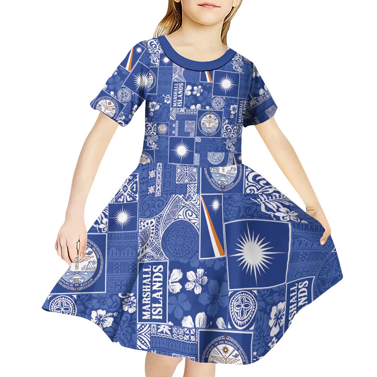 Marshall Islands Merry Christmas Kid Short Sleeve Dress Pacific Patchwork Xmas Vibes - Polynesian Pride