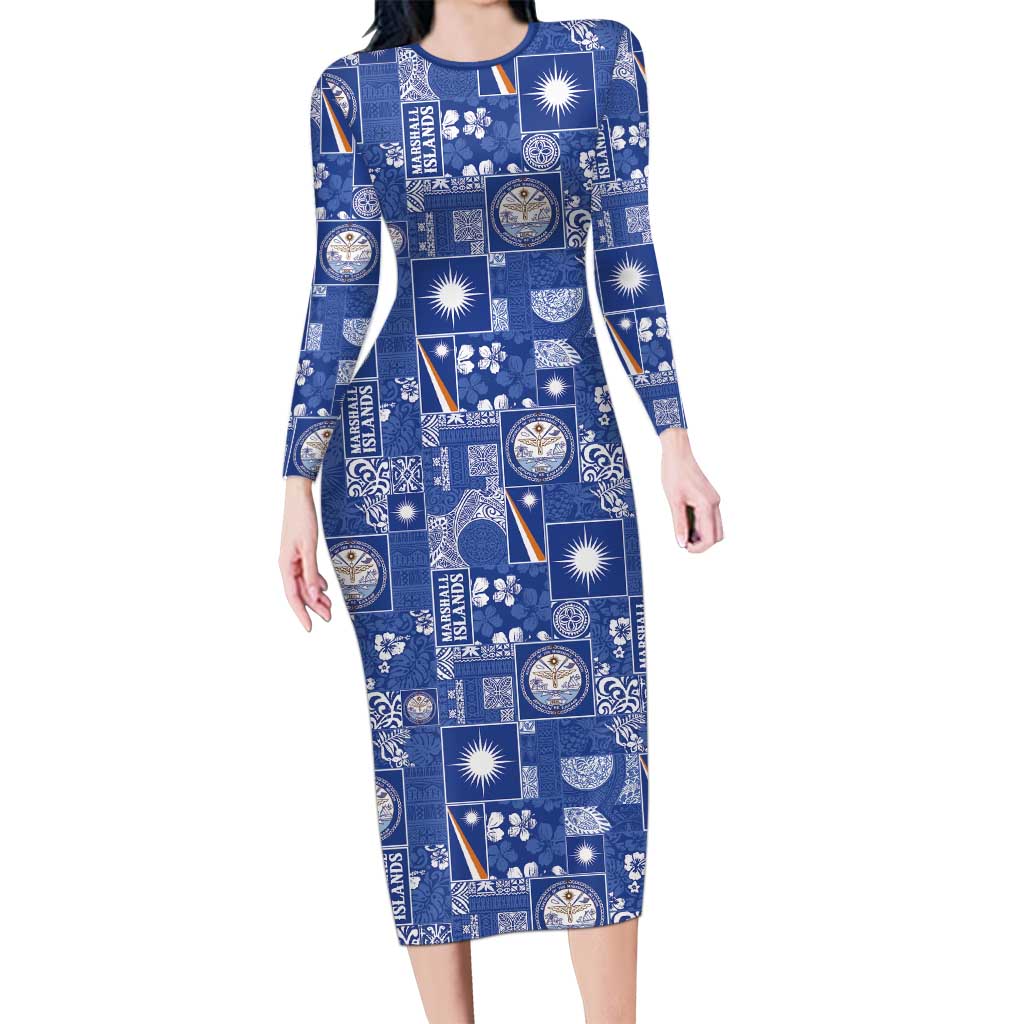 Marshall Islands Merry Christmas Long Sleeve Bodycon Dress Pacific Patchwork Xmas Vibes - Polynesian Pride