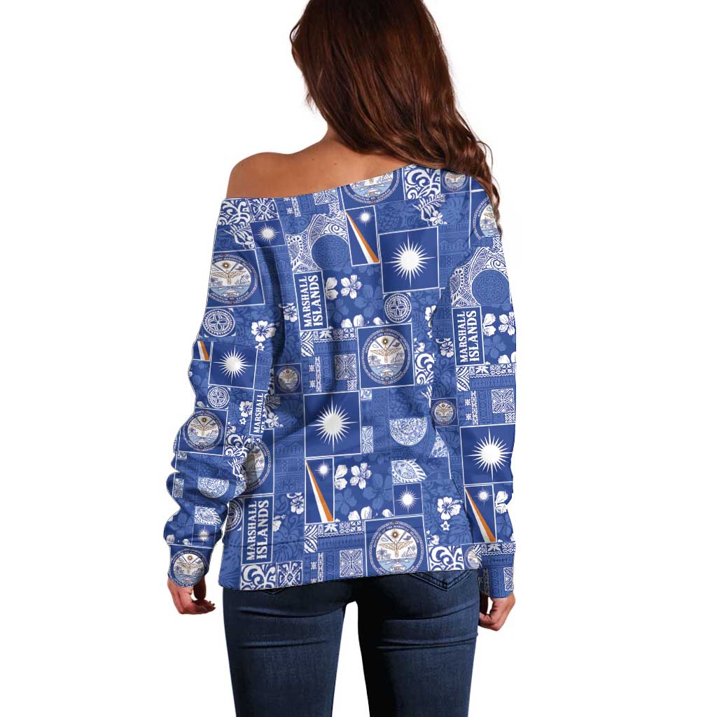 Marshall Islands Merry Christmas Off Shoulder Sweater Pacific Patchwork Xmas Vibes - Polynesian Pride
