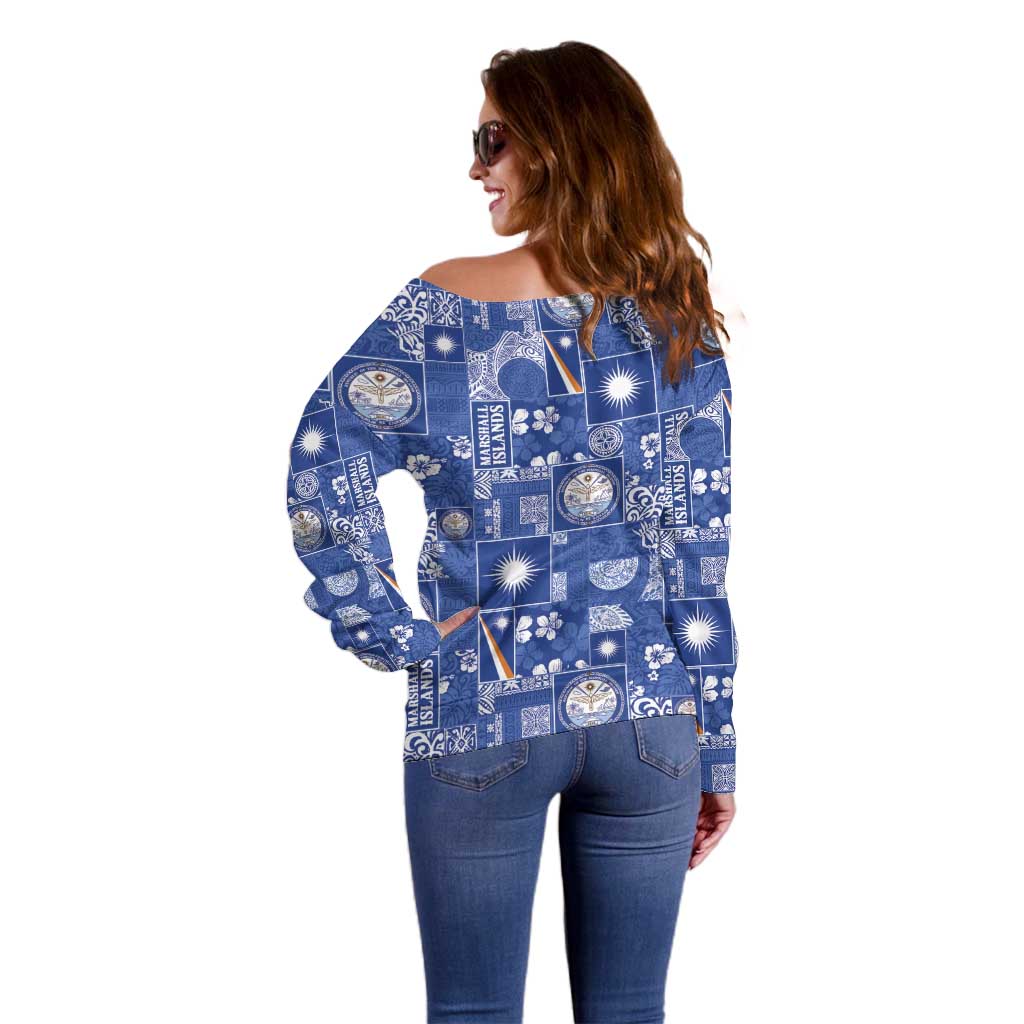 Marshall Islands Merry Christmas Off Shoulder Sweater Pacific Patchwork Xmas Vibes - Polynesian Pride