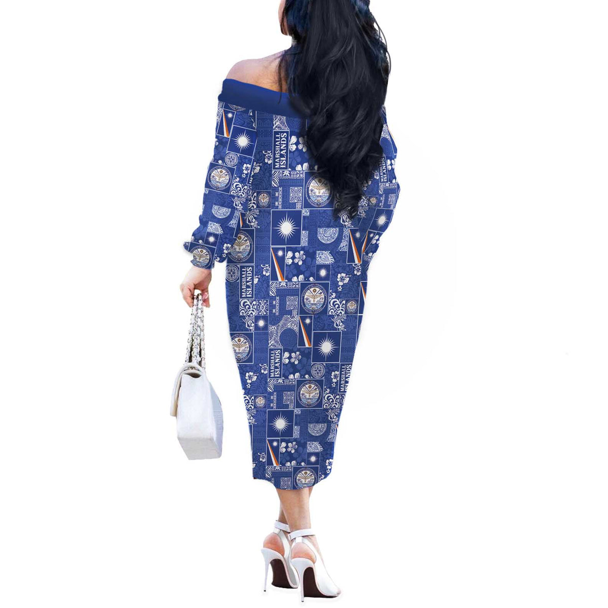 Marshall Islands Merry Christmas Off The Shoulder Long Sleeve Dress Pacific Patchwork Xmas Vibes - Polynesian Pride