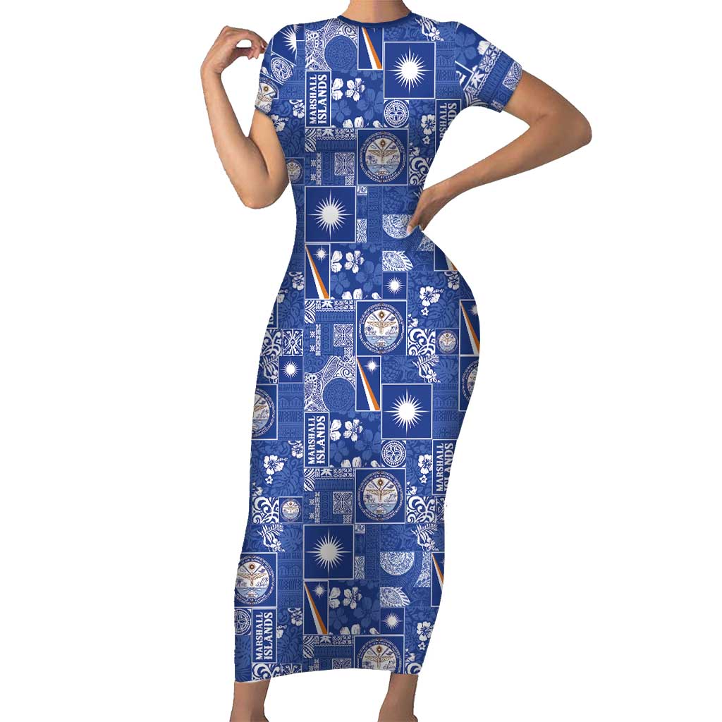 Marshall Islands Merry Christmas Short Sleeve Bodycon Dress Pacific Patchwork Xmas Vibes LT9 Long Dress Blue - Polynesian Pride
