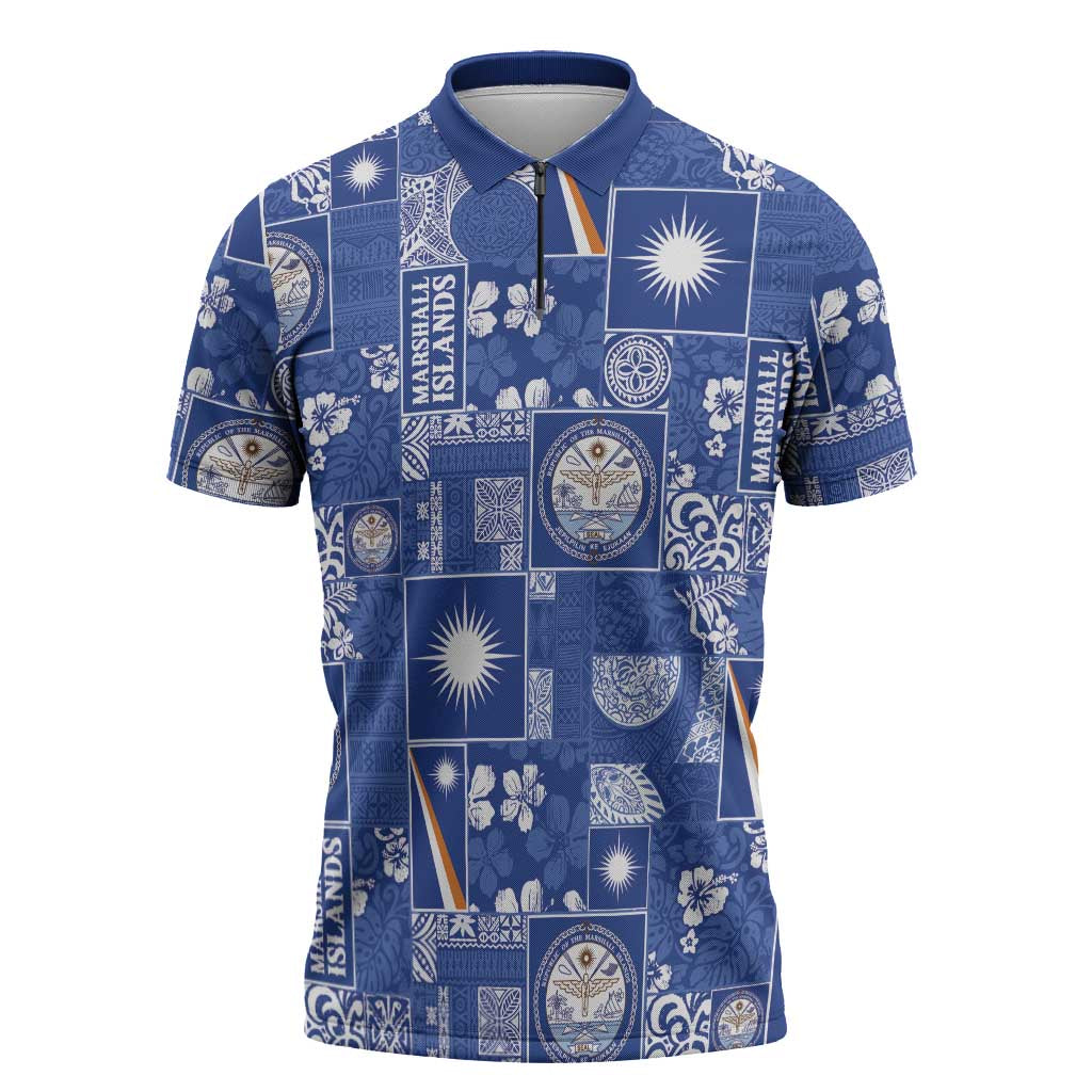 Marshall Islands Merry Christmas Zipper Polo Shirt Pacific Patchwork Xmas Vibes - Polynesian Pride
