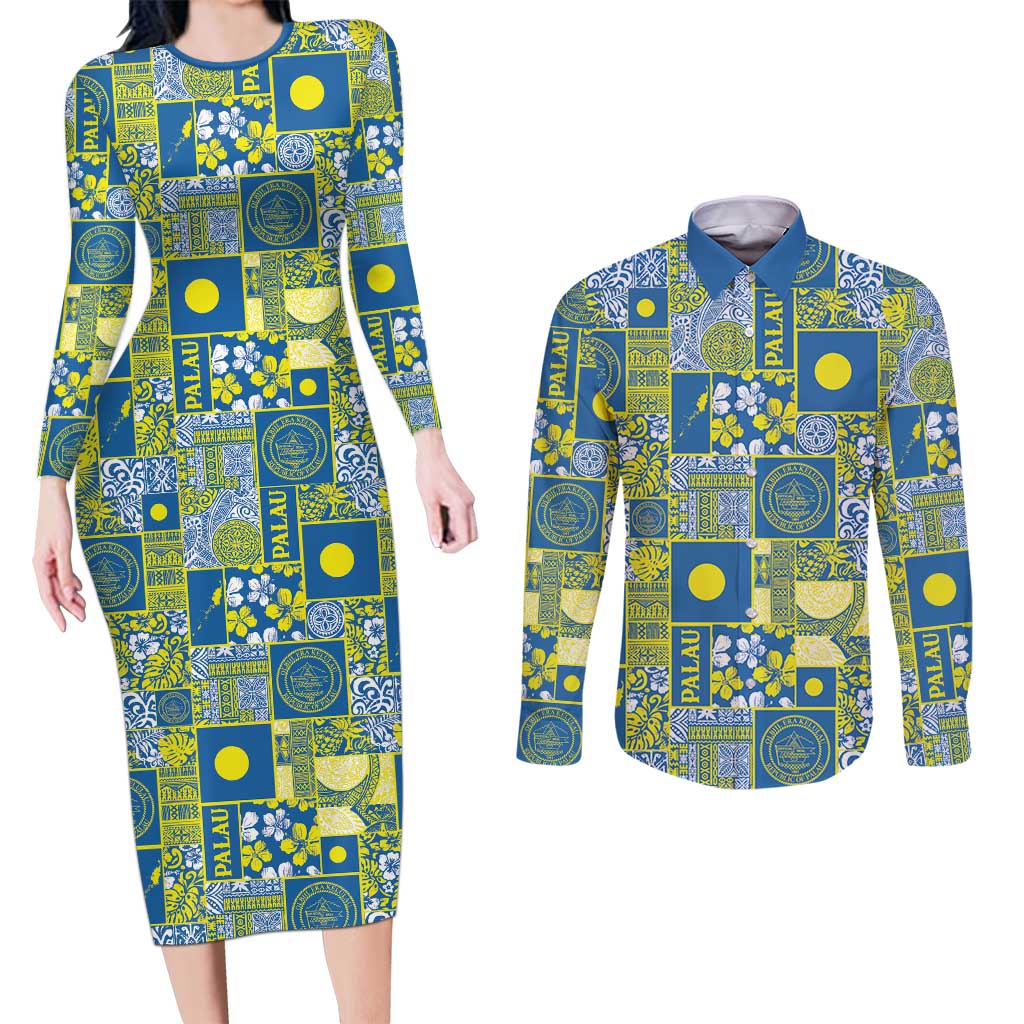 Palau Ungil Kurismas Couples Matching Long Sleeve Bodycon Dress and Long Sleeve Button Shirt Pacific Patchwork Xmas Vibes - Polynesian Pride