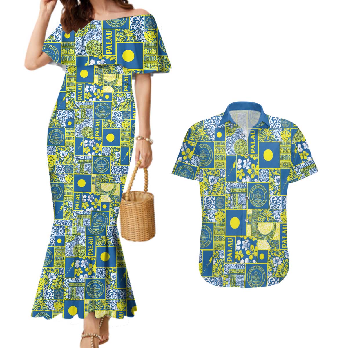 Palau Ungil Kurismas Couples Matching Mermaid Dress and Hawaiian Shirt Pacific Patchwork Xmas Vibes LT9 Green - Polynesian Pride