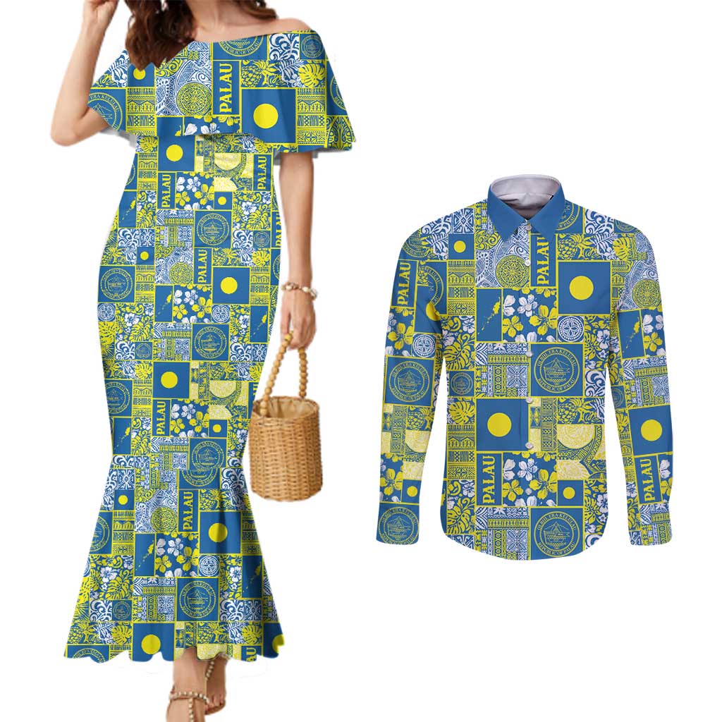 Palau Ungil Kurismas Couples Matching Mermaid Dress and Long Sleeve Button Shirt Pacific Patchwork Xmas Vibes LT9 Green - Polynesian Pride