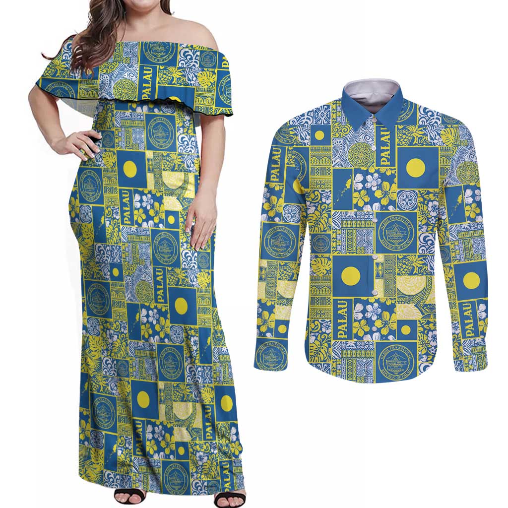 Palau Ungil Kurismas Couples Matching Off Shoulder Maxi Dress and Long Sleeve Button Shirt Pacific Patchwork Xmas Vibes LT9 Green - Polynesian Pride